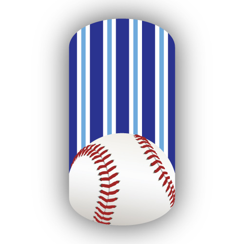 Baseball over Royal Blue, White & Light Blue Vertical Pinstriped Nail Wrap