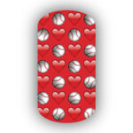 Emoji Baseballs & Red Hearts with a Red Background Nail Wrap