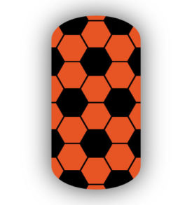 black and dark orange hexagon soccer nails