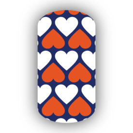 Navy Blue with White & Dark Orange Hearts Nail Wraps
