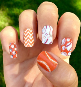 Dark Orange and White Baseball Nails