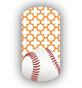 Baseball over White & Light Orange Quatrefoil Nail Wraps