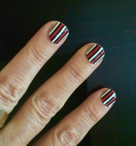 Black, Red & White Vertical Stripes Nail Art Design