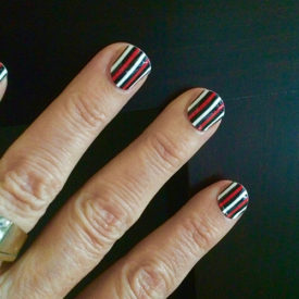 Black, Red & White Vertical Stripes Nail Art Design