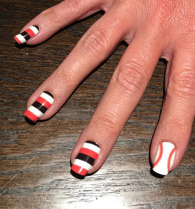 Dark Orange, Black & White Rugby Stripe Nail Art with Baseball Stitching Accent Nail