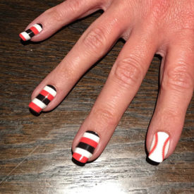 Dark Orange, Black & White Rugby Stripe Nail Art with Baseball Stitching Accent Nail