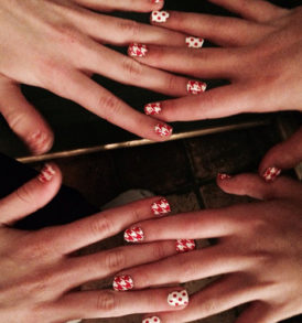 Red & White Houndstooth Nail Art with Polka Dot Accent Nail