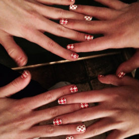 Red & White Houndstooth Nail Art with Polka Dot Accent Nail