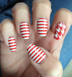 Red & White Skinny Stripes Nail Art with a Houndstooth Accent Nail