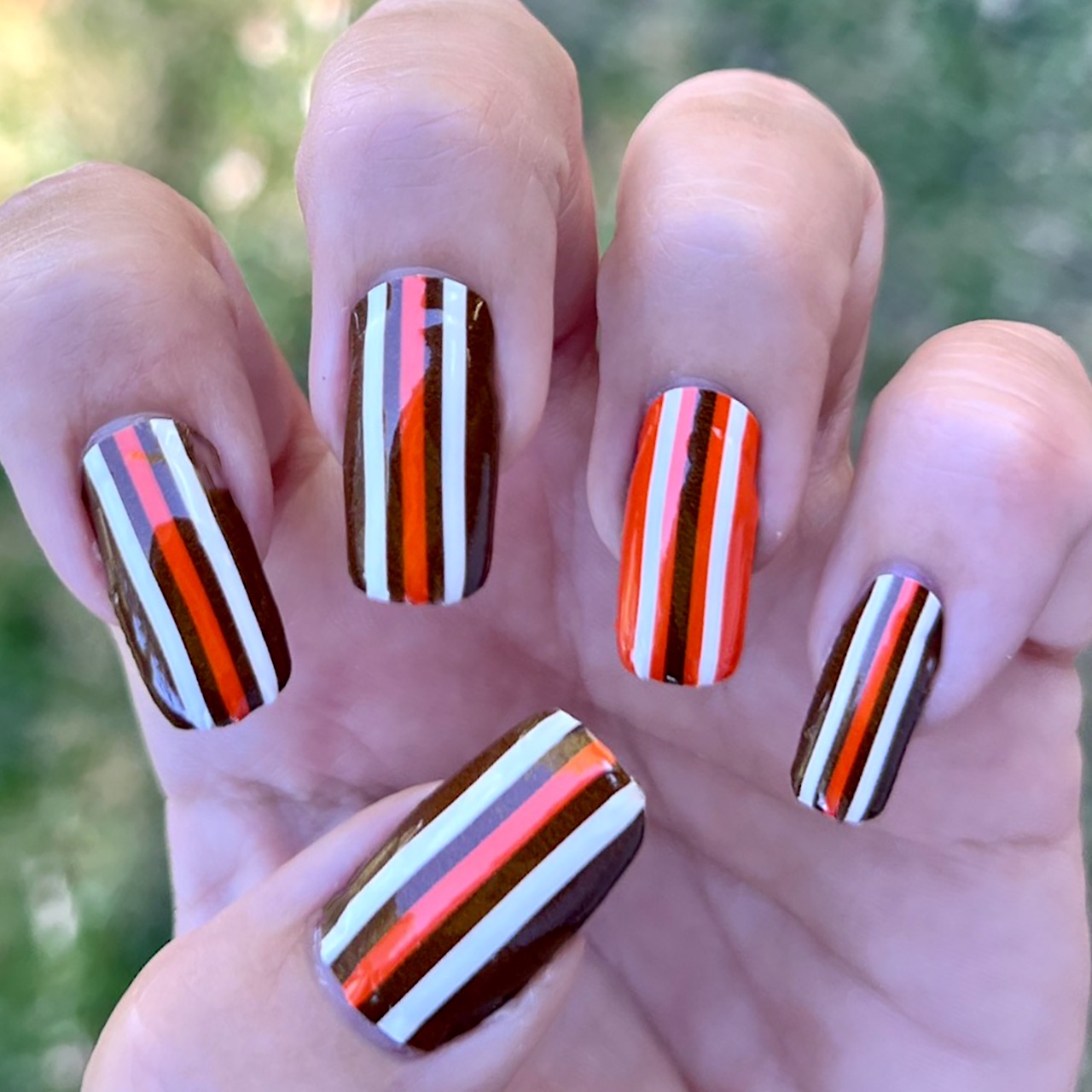 Dark Brown, White & Dark Orange Triple Vertical Striped Nail Wraps