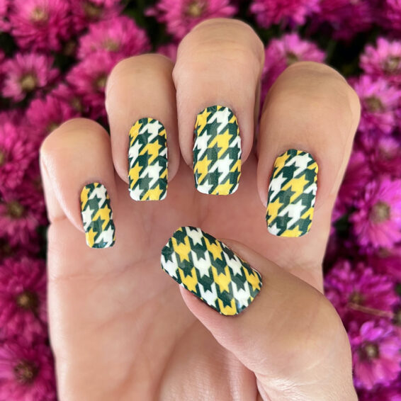 Forest Green Gold White Houndstooth Press on Nail Wraps
