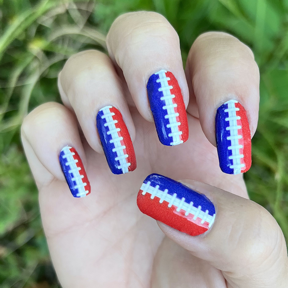 Football Stitching Nail Art  Red & Royal Blue Background