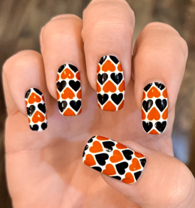 Dark Orange and Black Hearts over White Nail Wraps