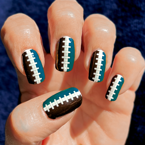 Black Midnight Green Football Stitching Nail Art