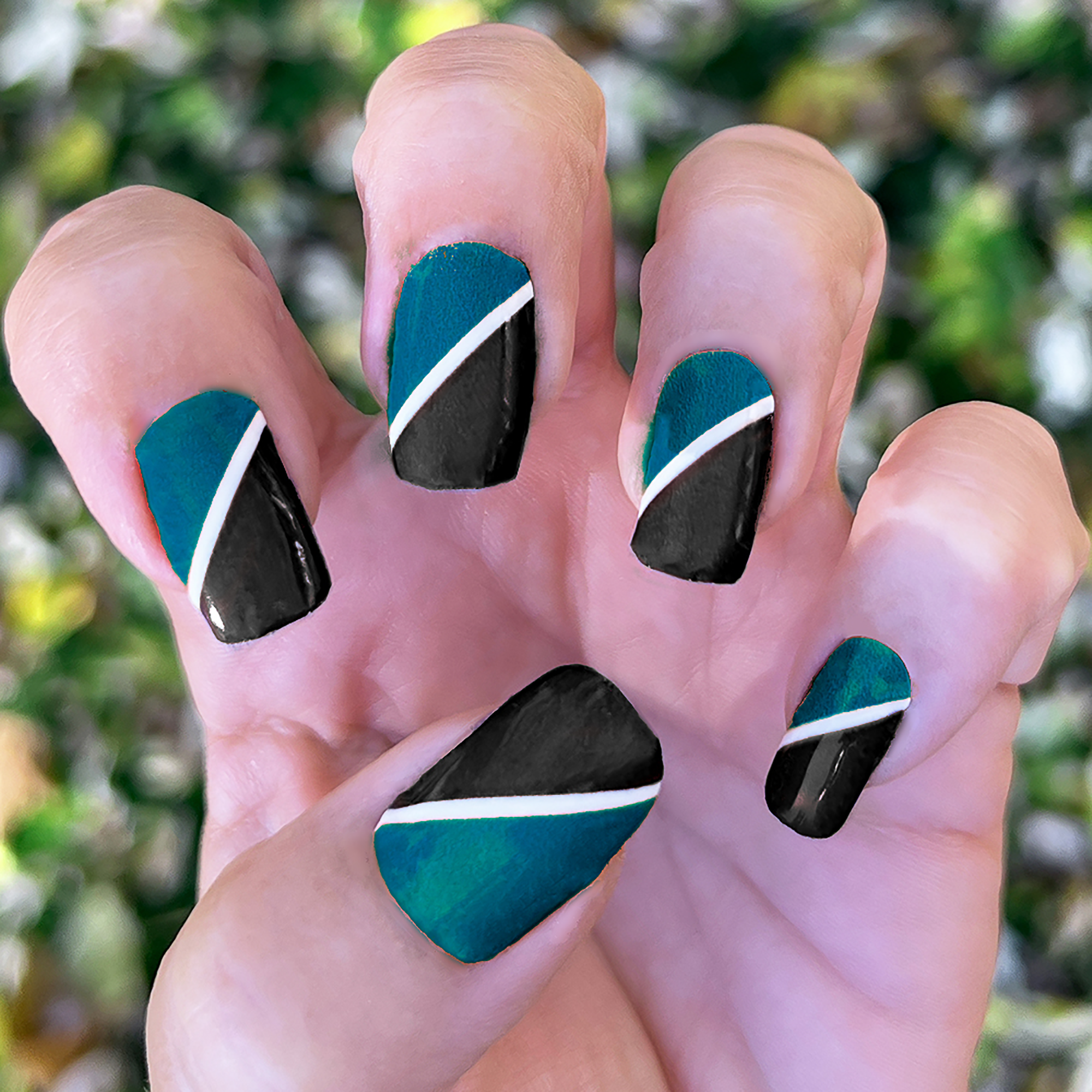 Black & Midnight Green with White Diagonal Stripe Nail Wraps