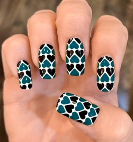 Midnight Green and Black Hearts over White Nail Wraps