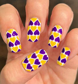 Purple Gold Yellow Hearts over White Nail Art Design