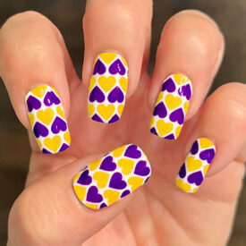 Purple Gold Yellow Hearts over White Nail Art Design