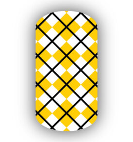 Gold & White with a black stripe argyle nail art design wraps strips