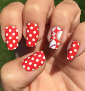 Red with White Polka Dots and Baseballs over Red Nail Art