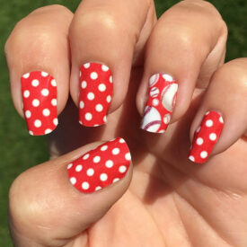 Red with White Polka Dots and Baseballs over Red Nail Art